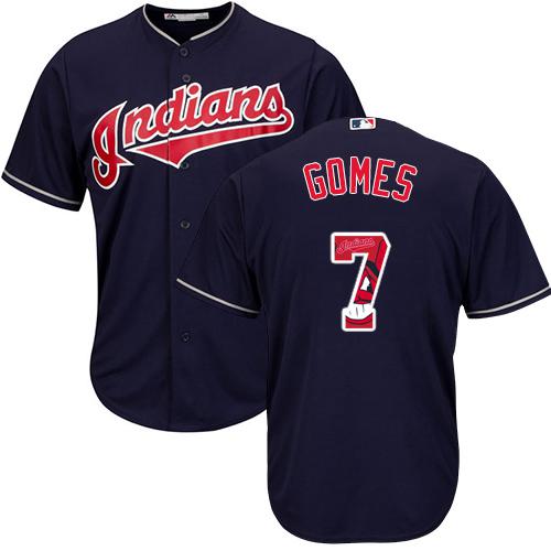 Indians #7 Yan Gomes Navy Blue Team Logo Fashion Stitched MLB Jersey - Click Image to Close